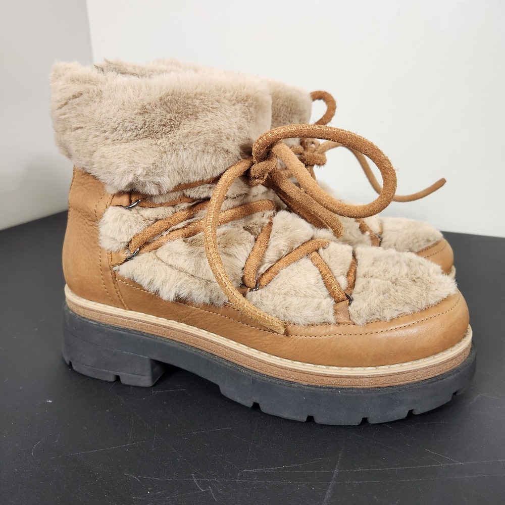 Free People Polar Queen Tan Leather Faux Fur Lace Up Ankle Boot Boho 38 7.5-8